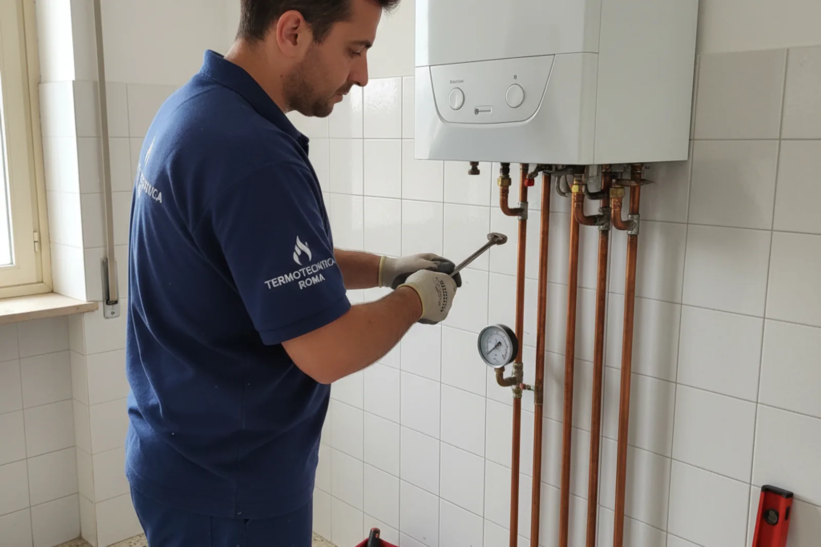 Tecnico installa una caldaia a condensazione a Roma
